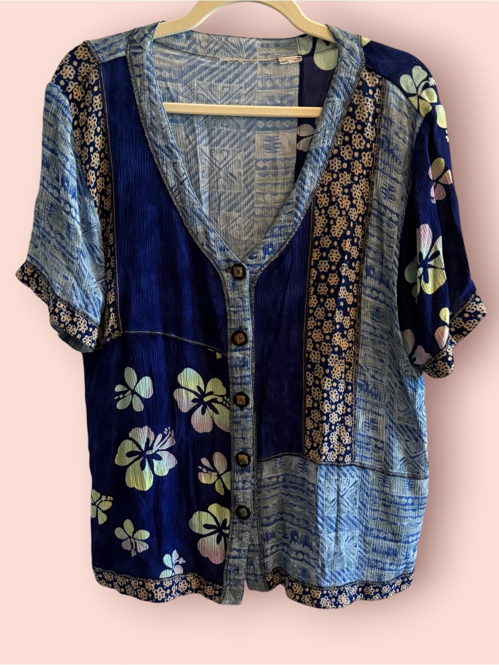 Vintage Blue Patchwork Hawaiian Floral Rayon Button Front Top Oversized